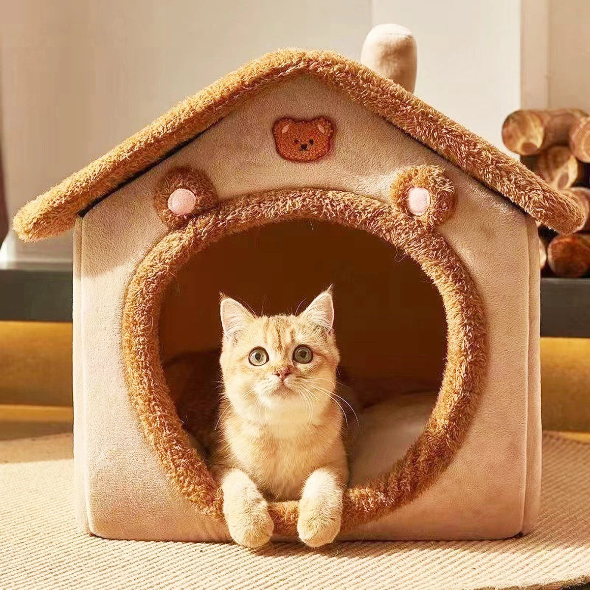 Cute Cartoon Pet House, Removable & Washable, Soft Plush Interior, for Cats & Small Dogs